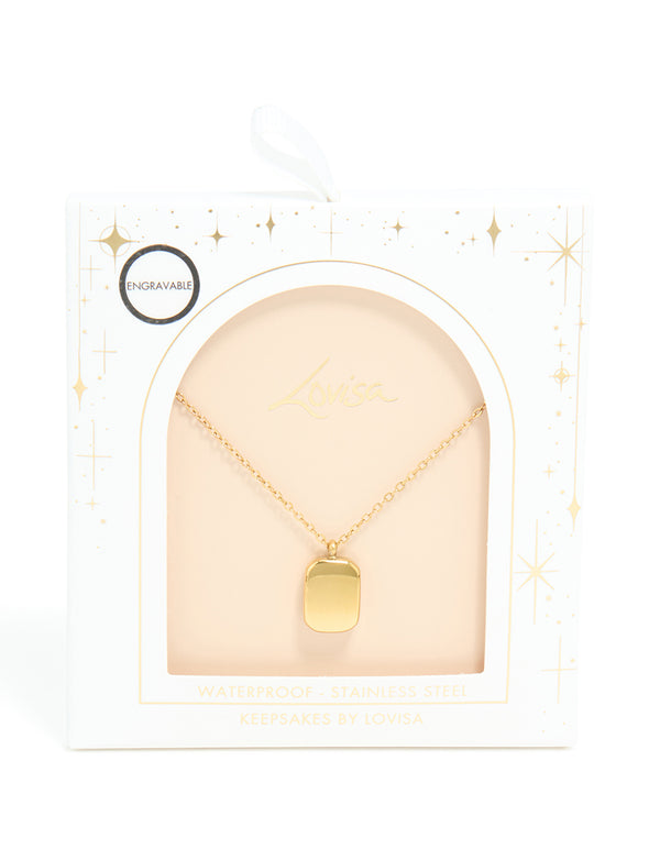 Featuring waterproof gold plated stainless steel round rectangle engravable necklace with pendant close up view
