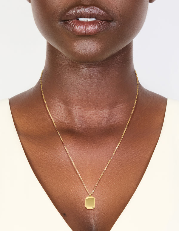 Waterproof gold plated stainless steel round rectangle engravable necklace with pendant on neck view