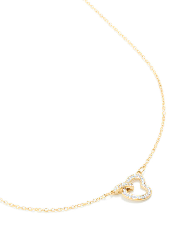 Featuring a waterproof gold plated stainless steel hollow heart necklace with cubic zirconia pendant close up view