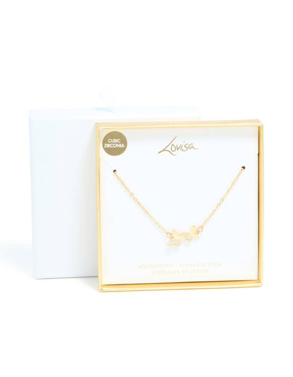 Elegant waterproof butterfly pendant necklace in gold plated stainless steel with cubic zirconia and dainty design close up view