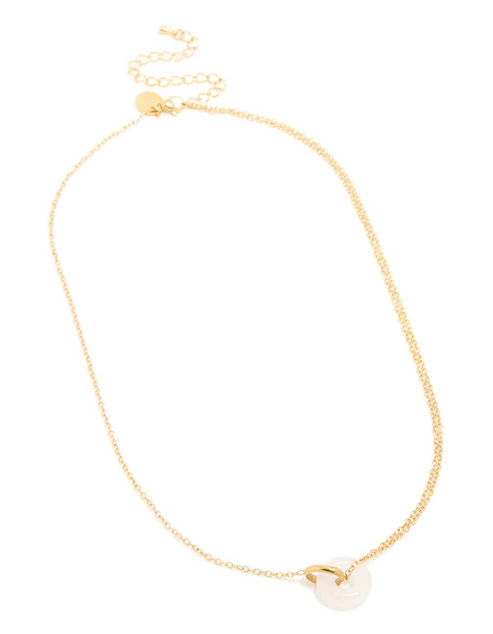 A waterproof gold plated stainless steel necklace featuring an acrylic food-inspired doughnut design pendant front view