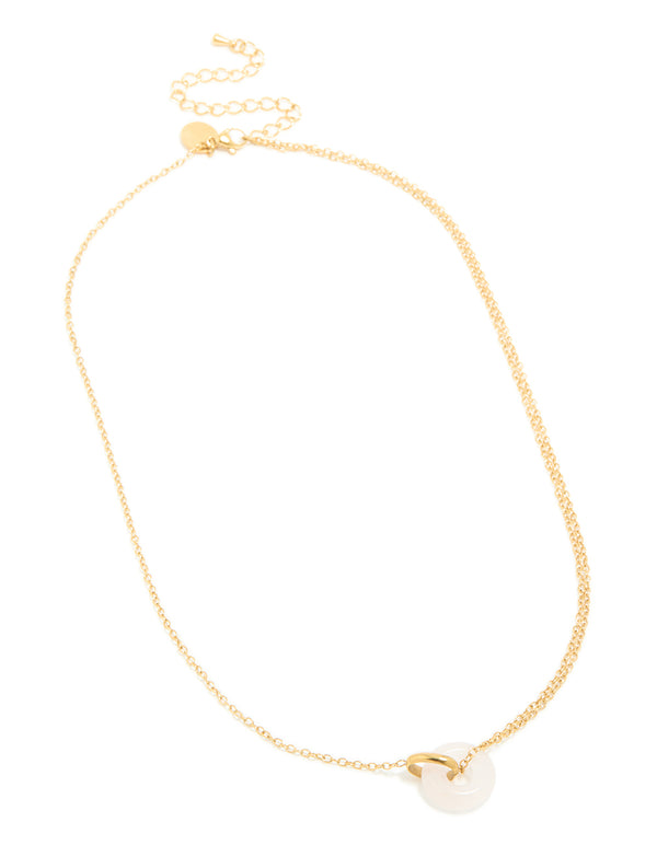 A waterproof gold plated stainless steel necklace featuring an acrylic food-inspired doughnut design pendant front view