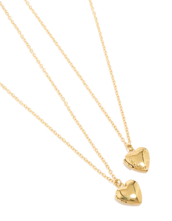 Showcasing heart locket pendant necklaces in waterproof gold plated stainless steel 2-pack close up view