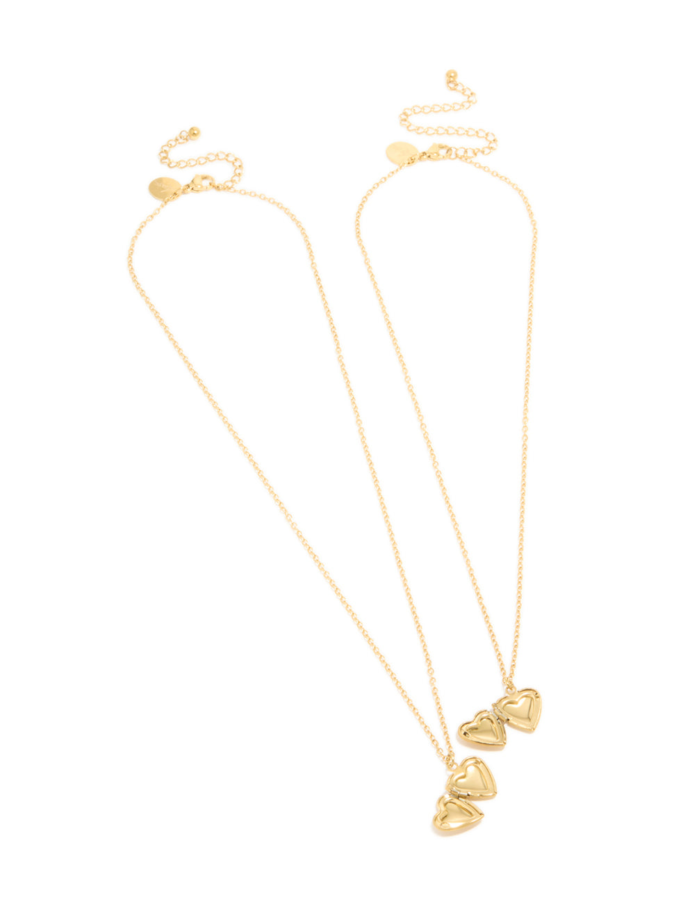 Featuring heart locket pendant necklaces crafted from waterproof gold plated stainless steel in 2-pack front view