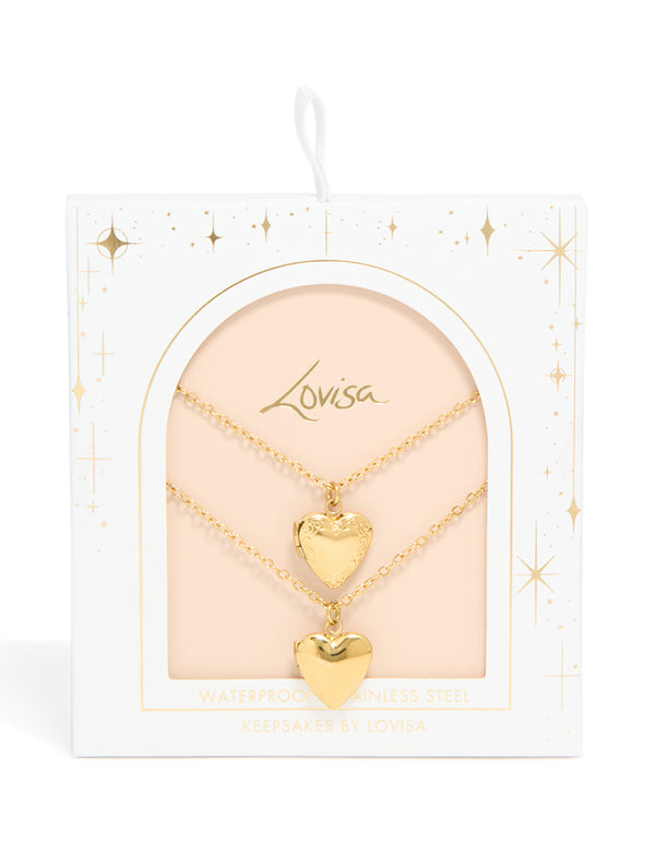 Showcasing heart locket pendant necklaces in waterproof gold plated stainless steel 2-pack close up view