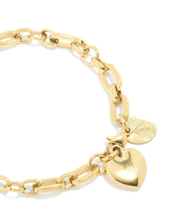 Crafted from waterproof gold stainless steel chunky heart link charm bracelet close up view
