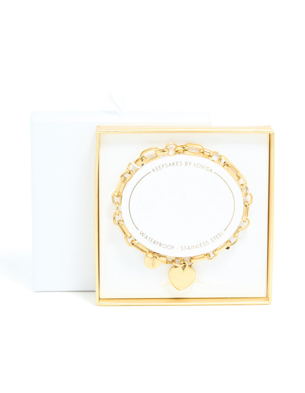 Crafted from waterproof gold stainless steel chunky heart link charm bracelet close up view