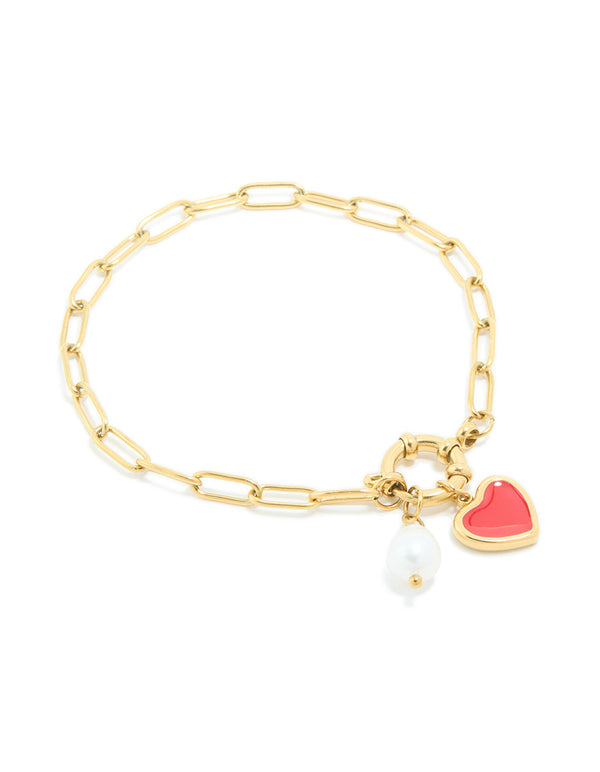 Waterproof Gold Plated Stainless Steel Red Enamel Heart & Pearl Charm Bracelet