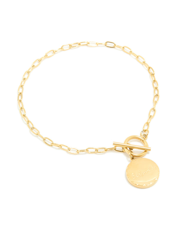 Crafted from waterproof stainless steel, this beloved T & O bracelet features a script design in dainty gold front view