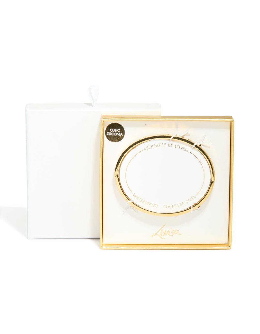 Presenting a waterproof gold plated stainless steel cubic zirconia heart bangle closure detail view