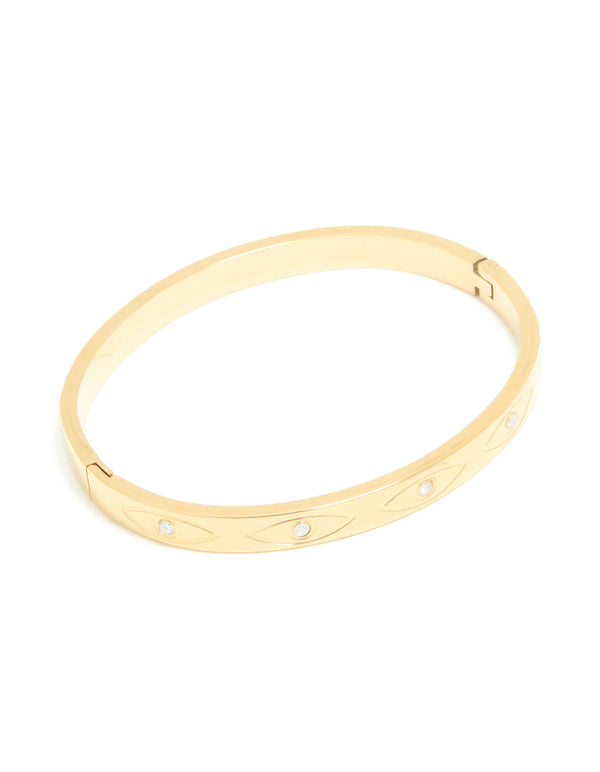 Featuring a waterproof gold evil eye bangle crafted from stainless steel with cubic zirconia in statement style front view