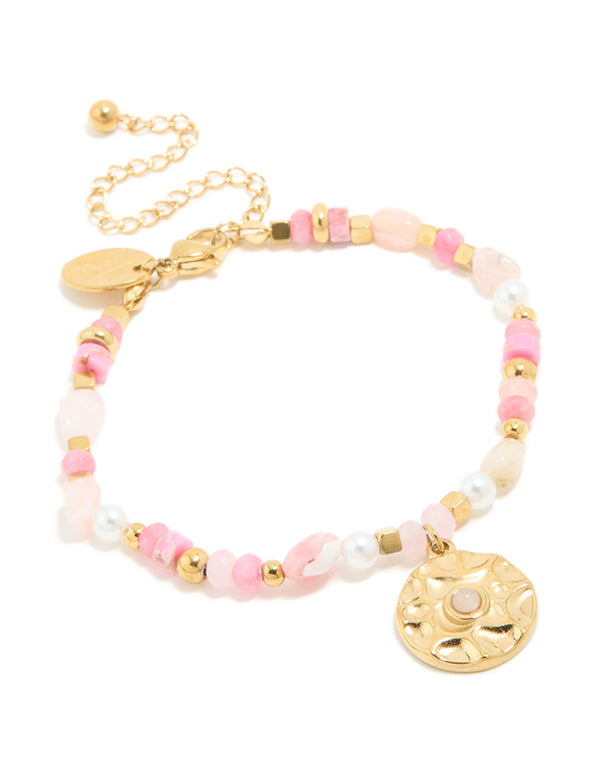 Elegant waterproof celestial coin beaded bracelet featuring rose quartz and pearl, crafted from gold plated stainless steel front view