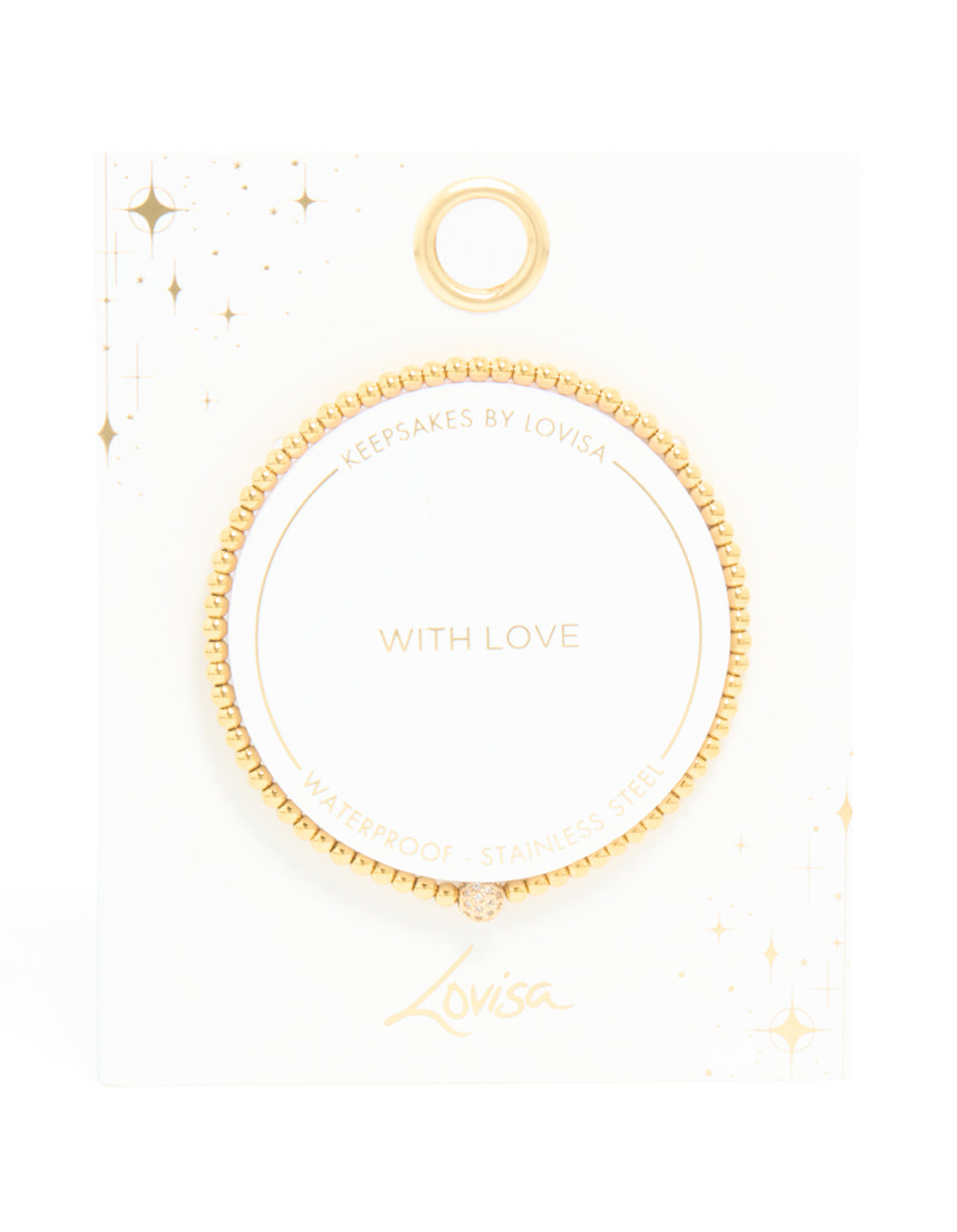 Elegant waterproof gold plated stainless steel cubic zirconia ball tennis stretch bracelet with beaded accents close up view