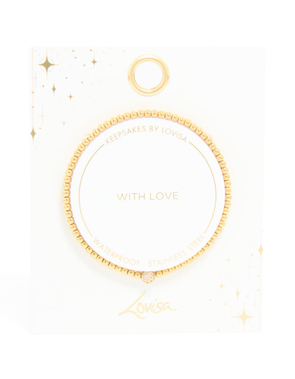 Elegant waterproof gold plated stainless steel cubic zirconia ball tennis stretch bracelet with beaded accents close up view