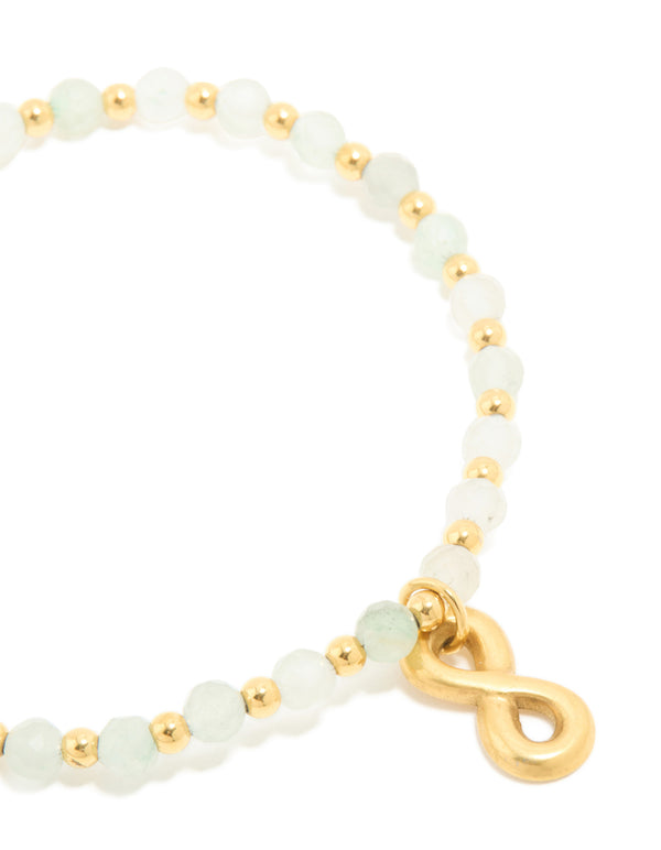 Designed with waterproof gold plated stainless steel, this semi precious infinity stretch bracelet showcases beads close up view