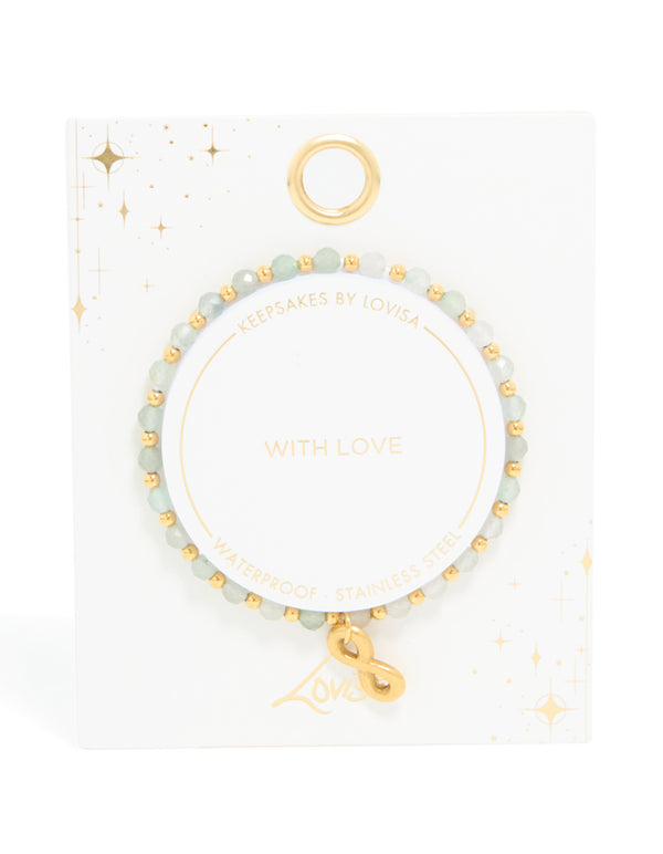 Crafted from waterproof gold plated stainless steel, this semi precious infinity stretch bracelet features beads front view