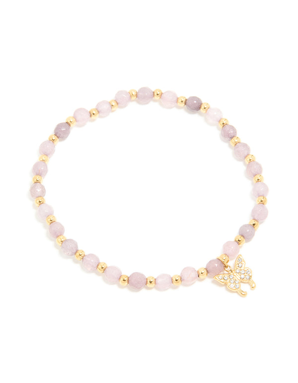 Discover a waterproof gold plated stainless steel amethyst semi precious stone butterfly stretch bracelet featuring beads front view