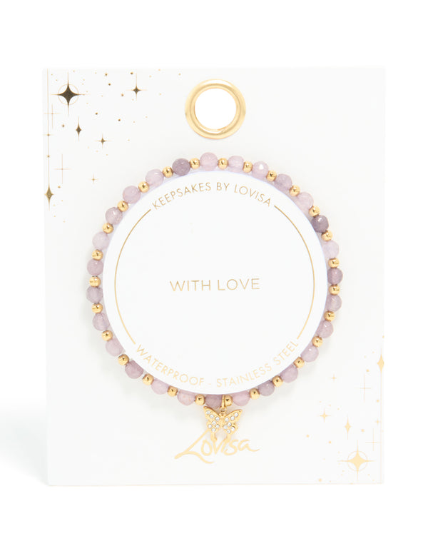Highlighting a waterproof gold plated stainless steel amethyst semi precious stone butterfly stretch bracelet with beads close up view