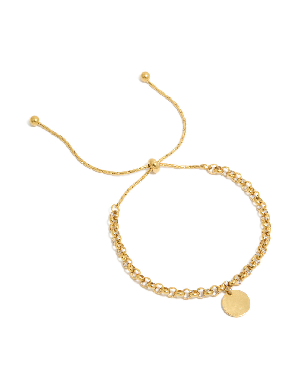 Featuring a disc toggle chain bracelet crafted from waterproof gold plated stainless steel front view