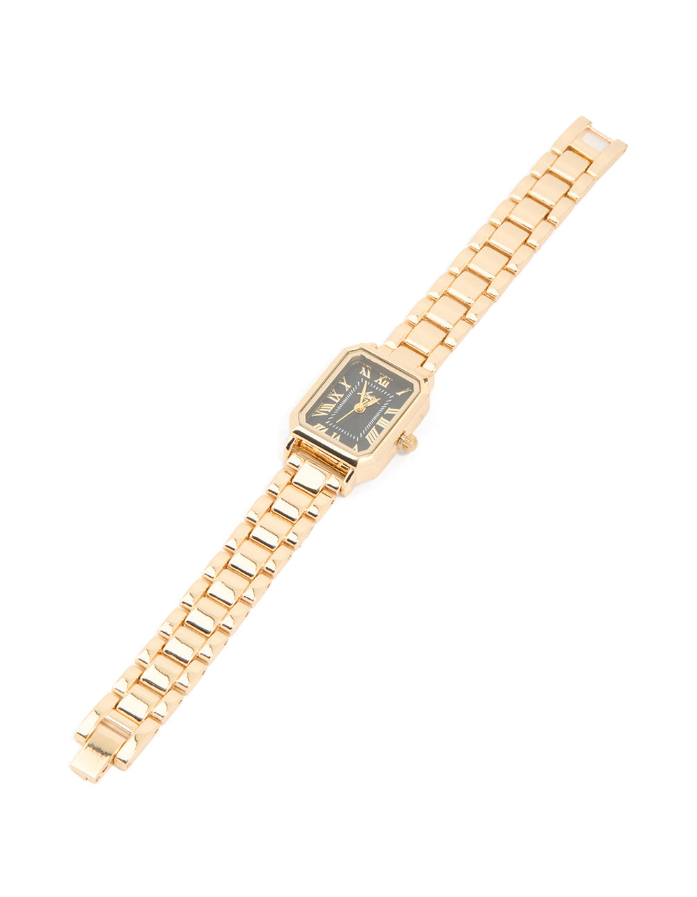 Beautifully crafted women's analog watch with black roman numeral rectangular dial, link band strap in gold, designed for formal occasions front view