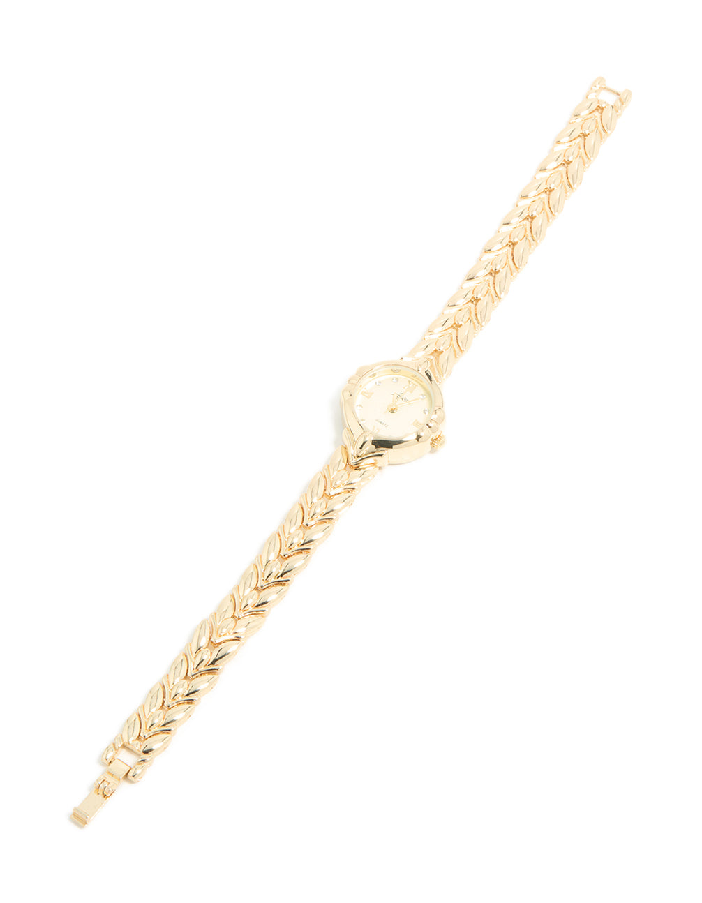 Designed with leaf detailing, a vintage watch featuring gold dial with Roman numerals in a round shape, crafted for women's casual occasions with link-band strap in gold and analog type front view