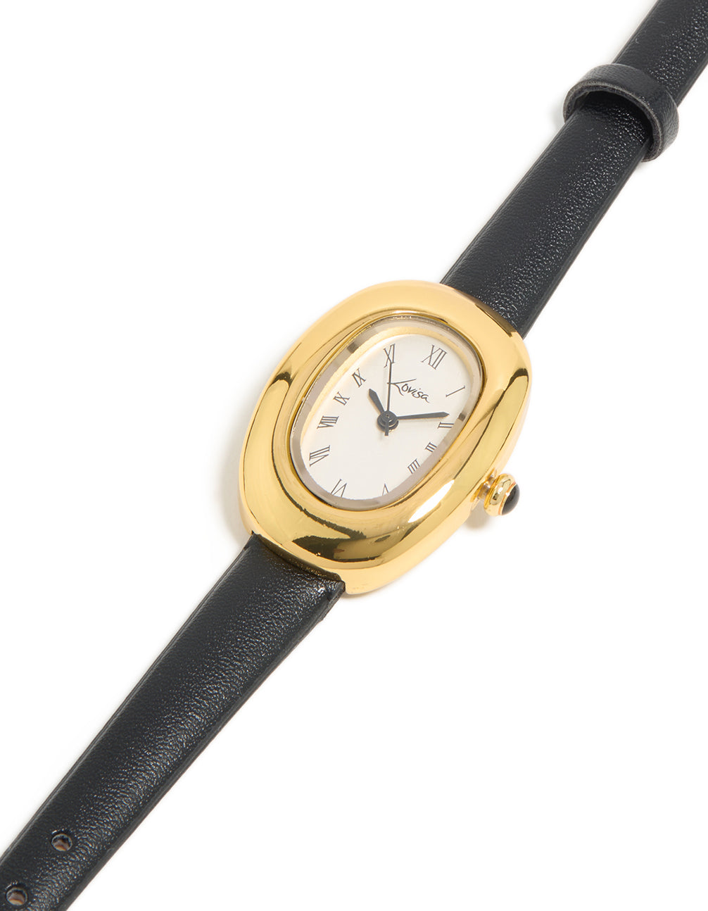 Featuring a women's analog watch with white dial showcasing roman numerals in a oval case, designed with casual styling, crafted from PU leather strap in black watch face detail view