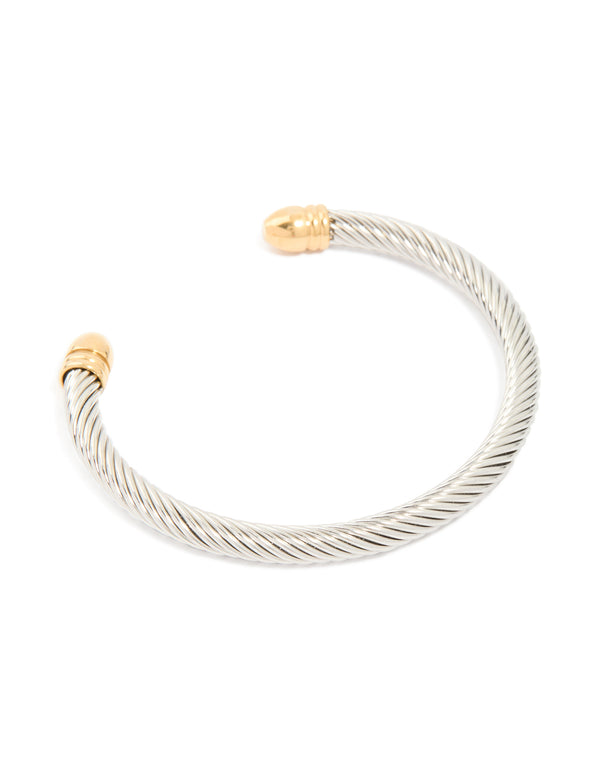Mens Waterproof Stainless Steel Large Twisted Wire Cuff Bangle