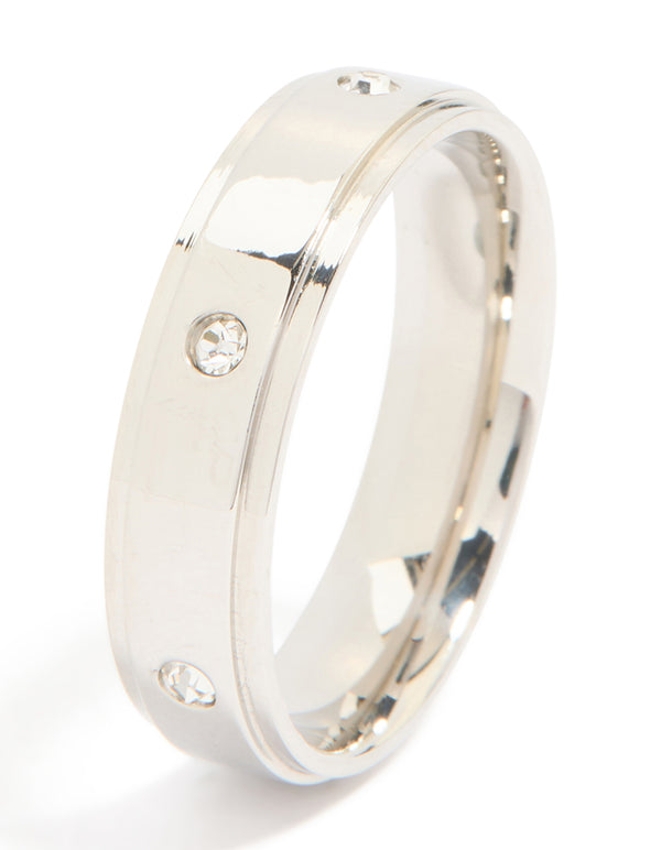 Mens Waterproof Stainless Steel Cubic Zirconia Flat Band Ring