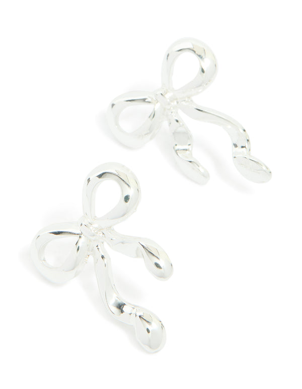 Silver Long Ribbon Bow Stud Earrings