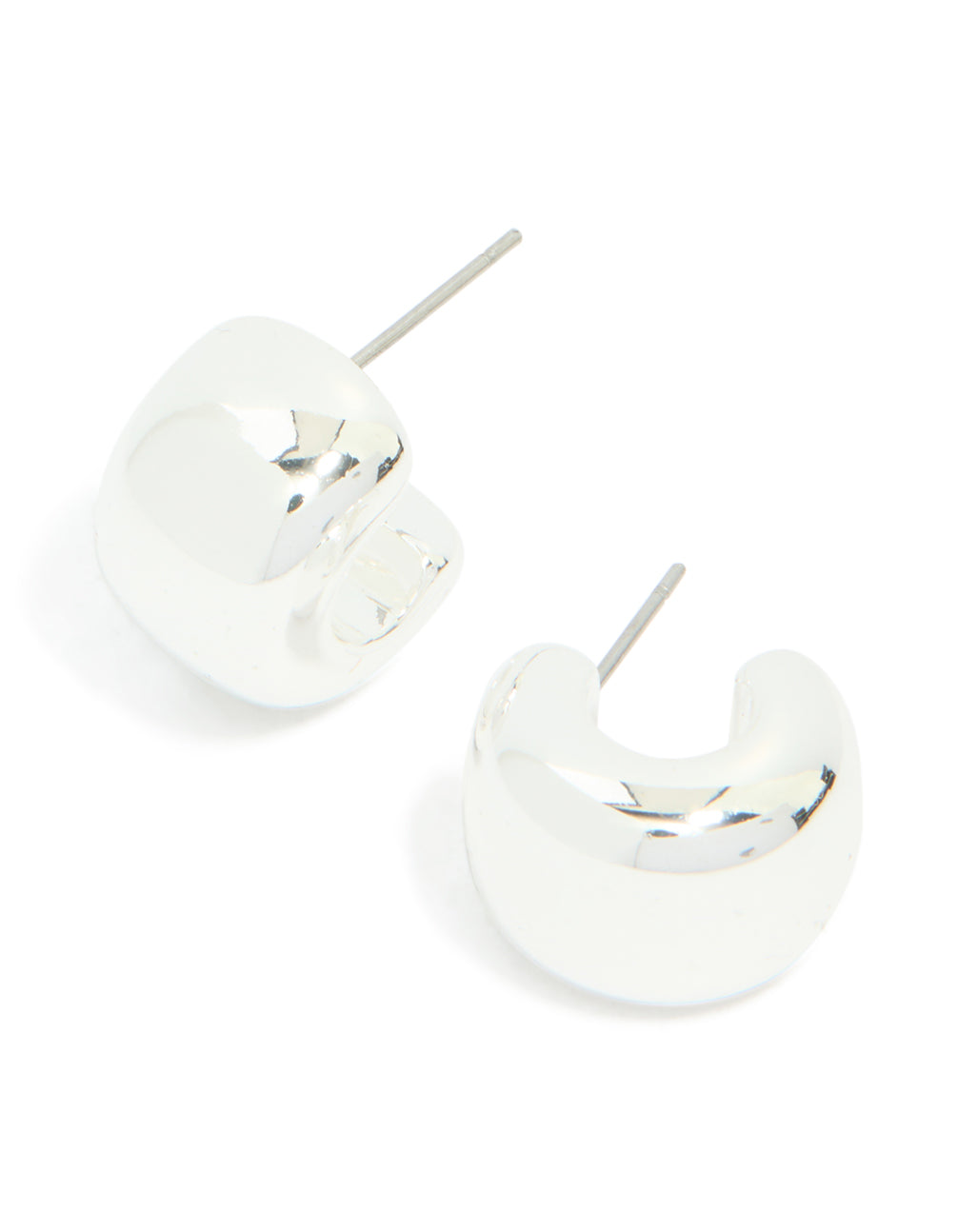 Showcasing chunky hoop huggie earrings in silver front view