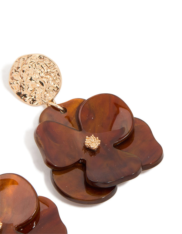 Gold Crinkled & Brown Flower Drop Earrings