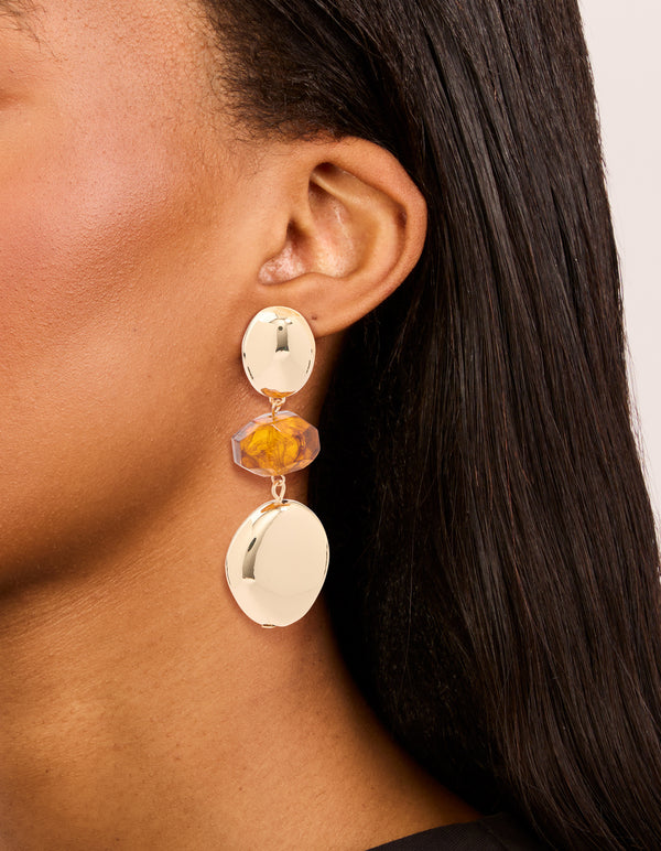 Gold Brown Beaded & Chunky Drop Earrings