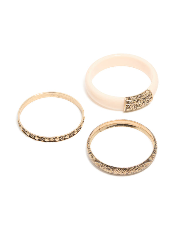 Antique Gold Textured & Acrylic Bangles 3-Pack