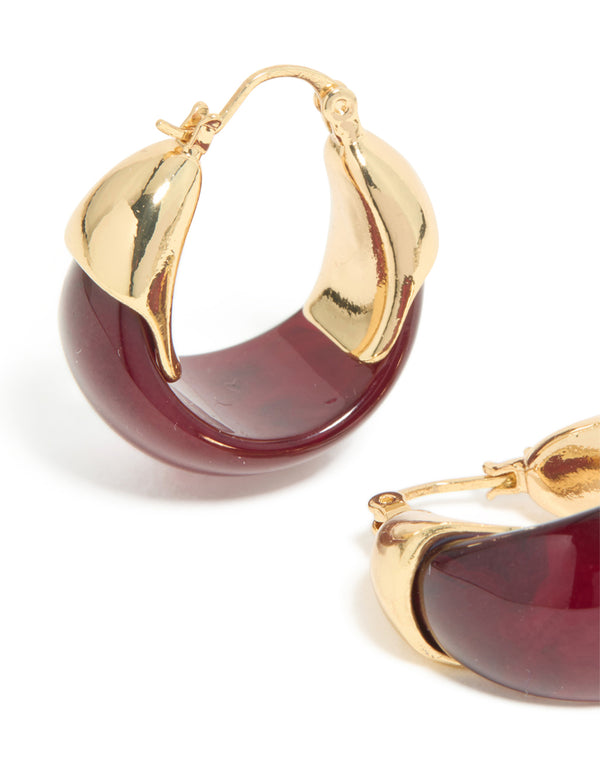 Gold Plated Burgundy Acrylic Huggie Earrings