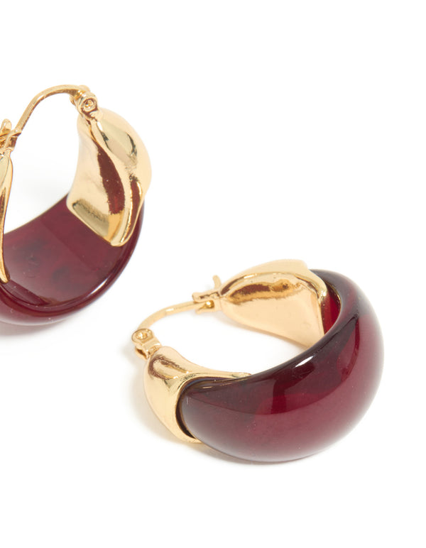 Gold Plated Burgundy Acrylic Huggie Earrings