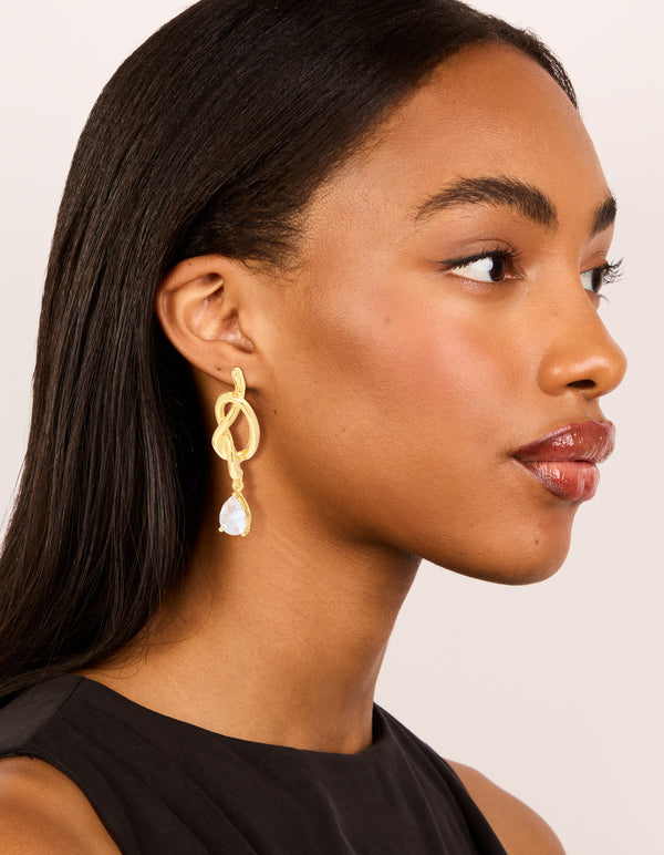 Gold Plated Pear Diamante & Knotted Drop Earrings