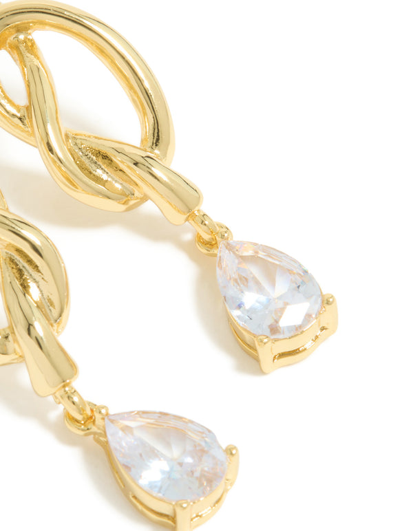 Gold Plated Pear Diamante & Knotted Drop Earrings