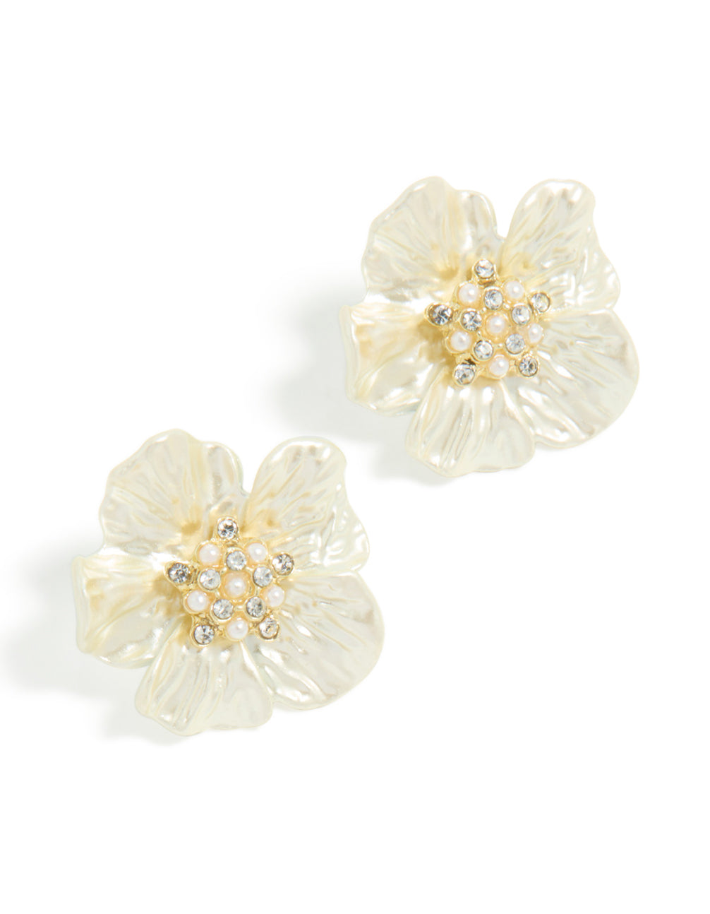 Elegant statement flower earrings in gold plated finish with pearl and diamante cluster center front view
