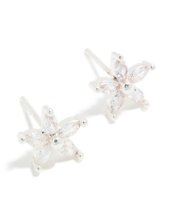 Showcasing waterproof stainless steel cubic zirconia five-petal flower stud earrings in silver and clear front view