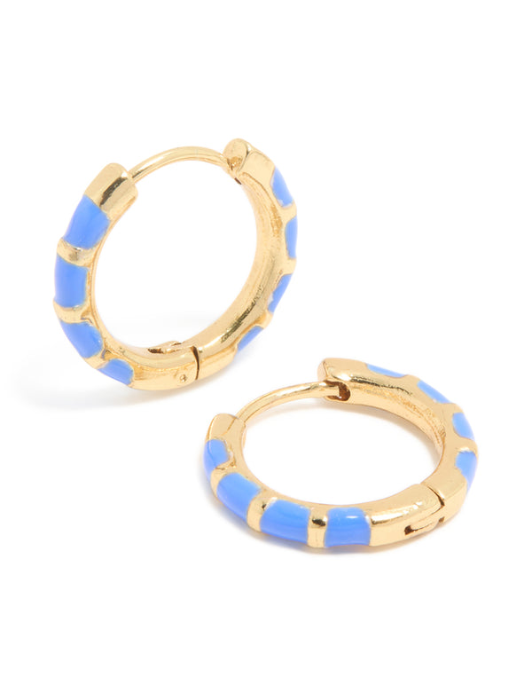 Waterproof Gold Plated Stainless Steel Blue Enamel Bamboo Huggie Earrings
