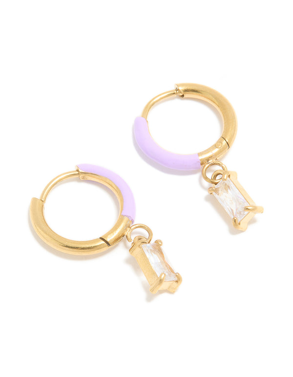 Showcasing waterproof statement huggie earrings with crystal featuring cubic zirconia in purple enamel, crafted from stainless steel and gold plated front view