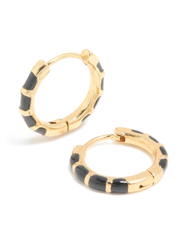 Waterproof gold plated stainless steel black enamel bamboo huggie earrings in front view