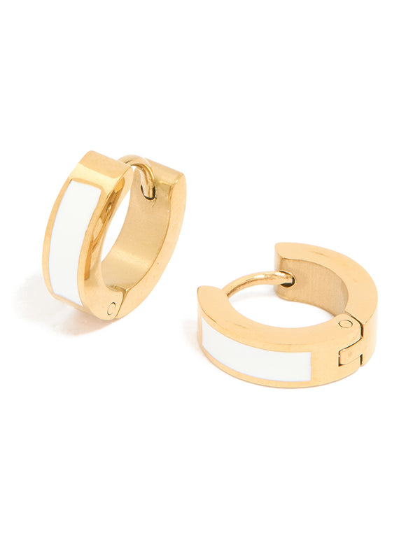 Crafted from waterproof gold plated stainless steel small white enamel inlay huggie earrings front view