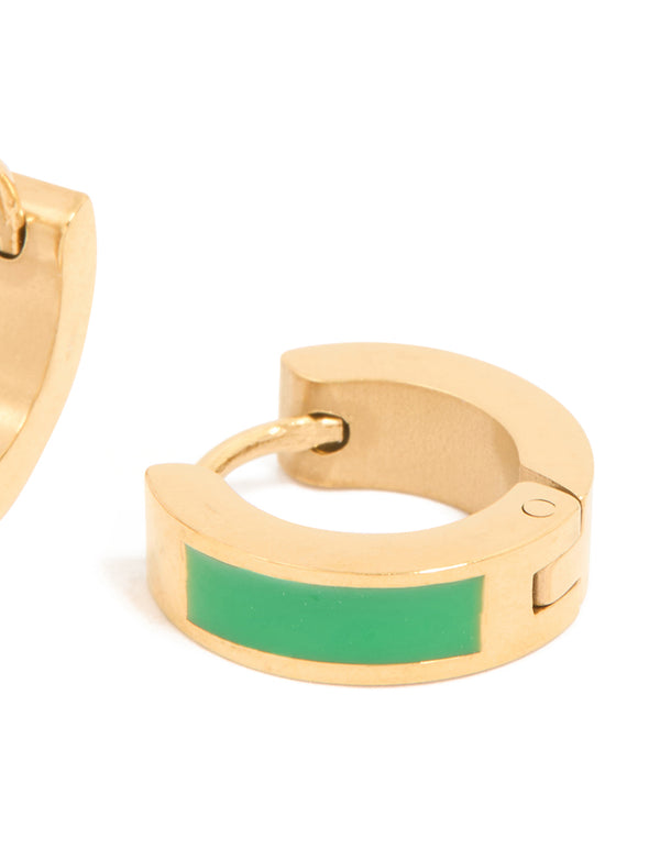 Highlighting waterproof gold plated stainless steel small lime green enamel inlay huggie earrings post detail view