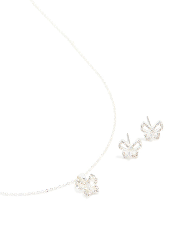 Silver Diamante Butterfly Stud Earrings & Necklace Set