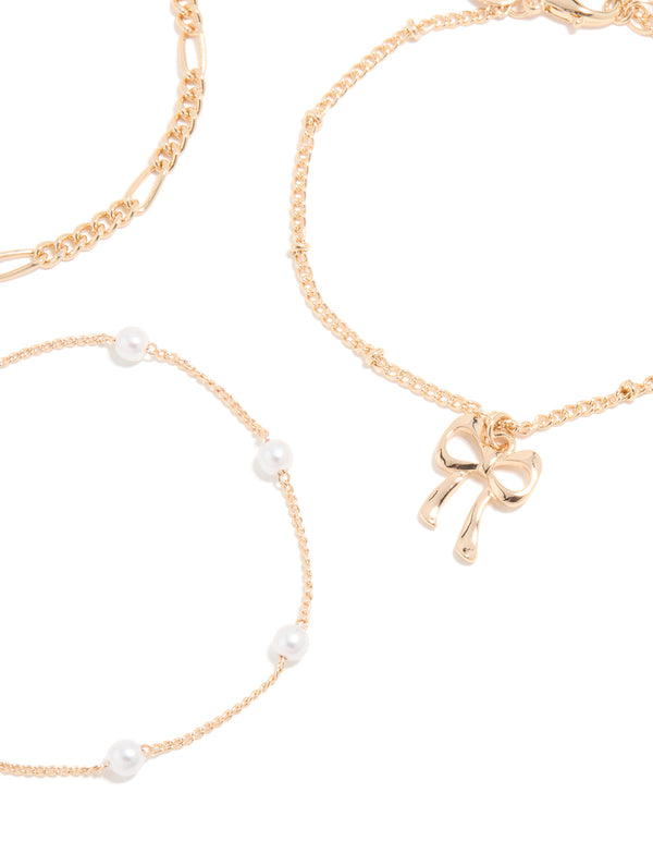 Gold Pearl, Bow & Chain Bracelets 3-Pack