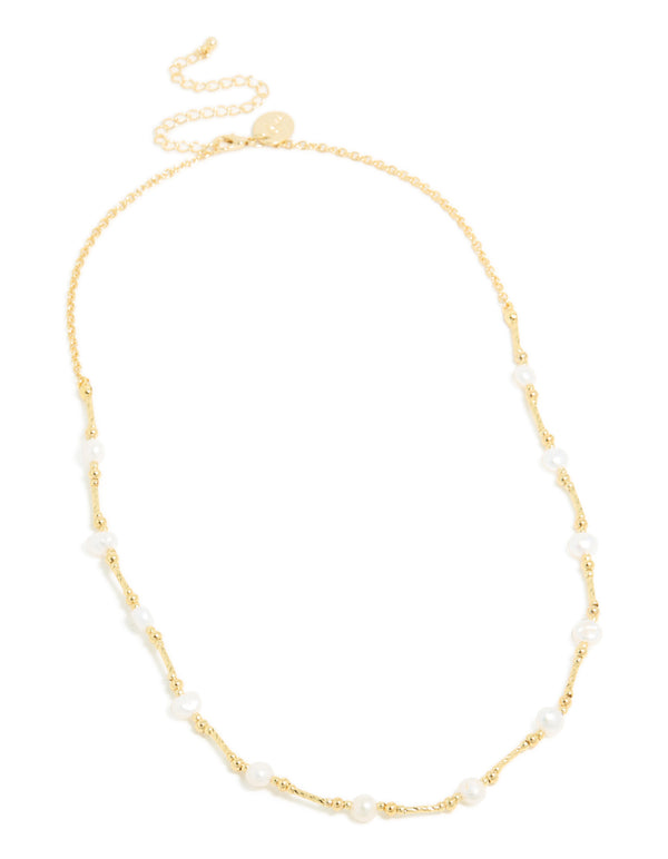Gold Plated Freshwater Pearl & Textured Bars Necklace