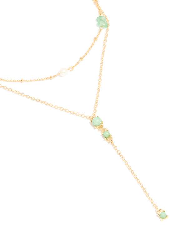 Gold Plated Green Stone & Freshwater Pearl Double Layered Y-Necklace