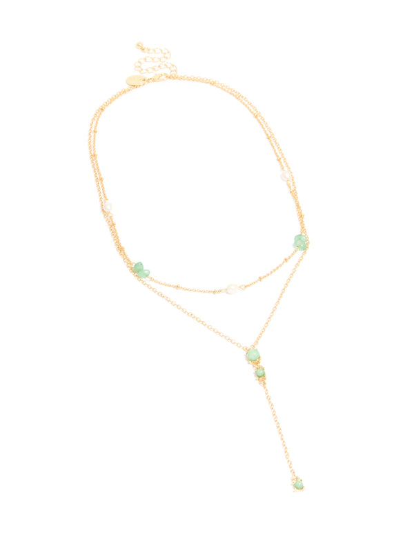 Gold Plated Green Stone & Freshwater Pearl Double Layered Y-Necklace