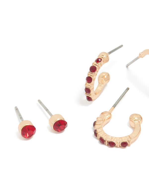 Crafted from gold red diamante stud and hoop earrings 3-pack showcasing intricate details close up view